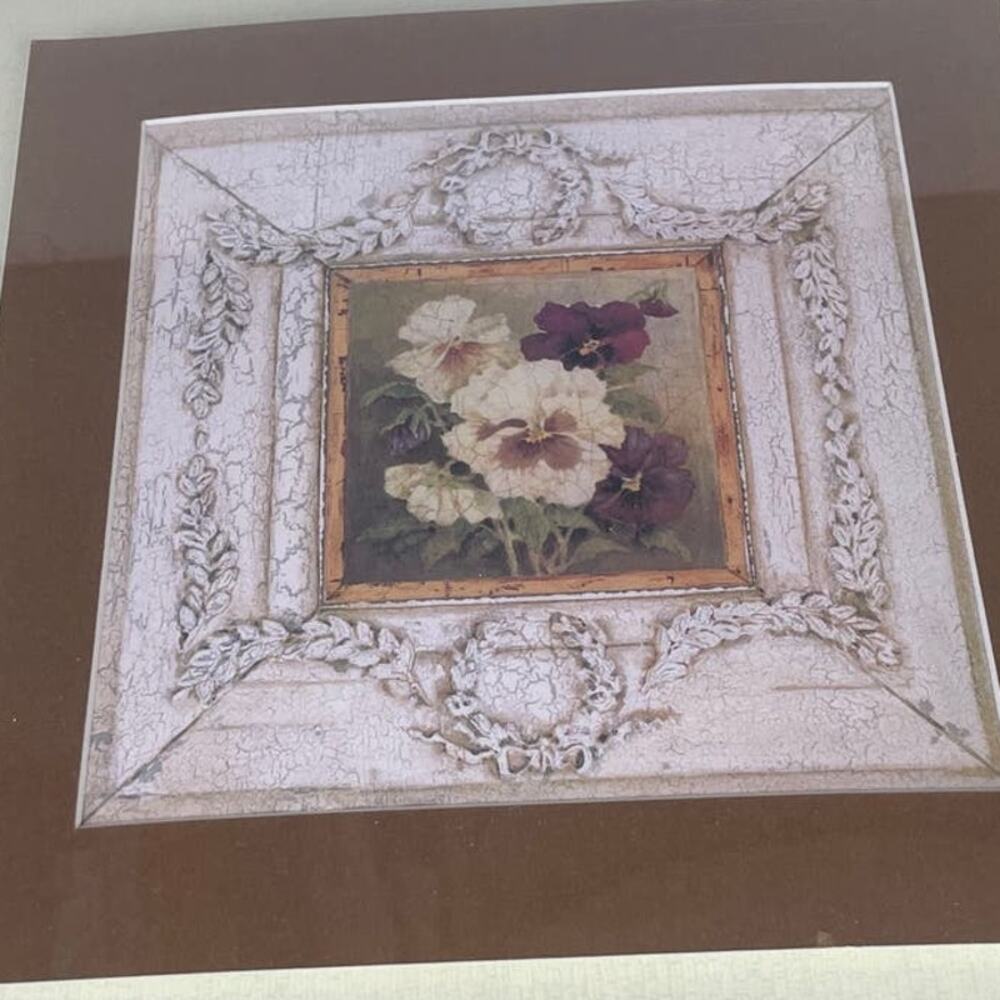 Rustic Flower Pansy Hyacynth Violet Square Matted Framed Wall Art Artwork Pair - Picture 3 of 7